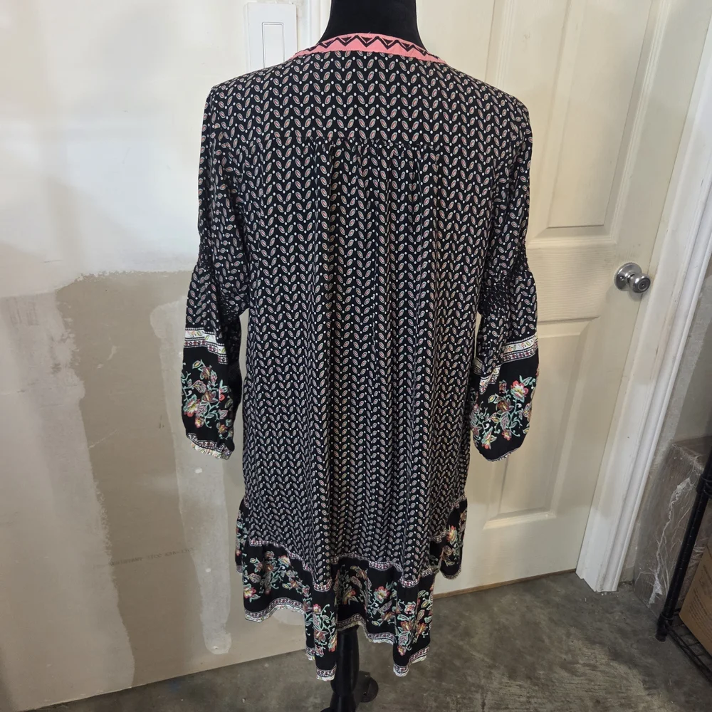 Umgee Boho Black Printed Dress Pink Trim Colorblock V Neck Embroidered Sleeves - Picture 9 of 16